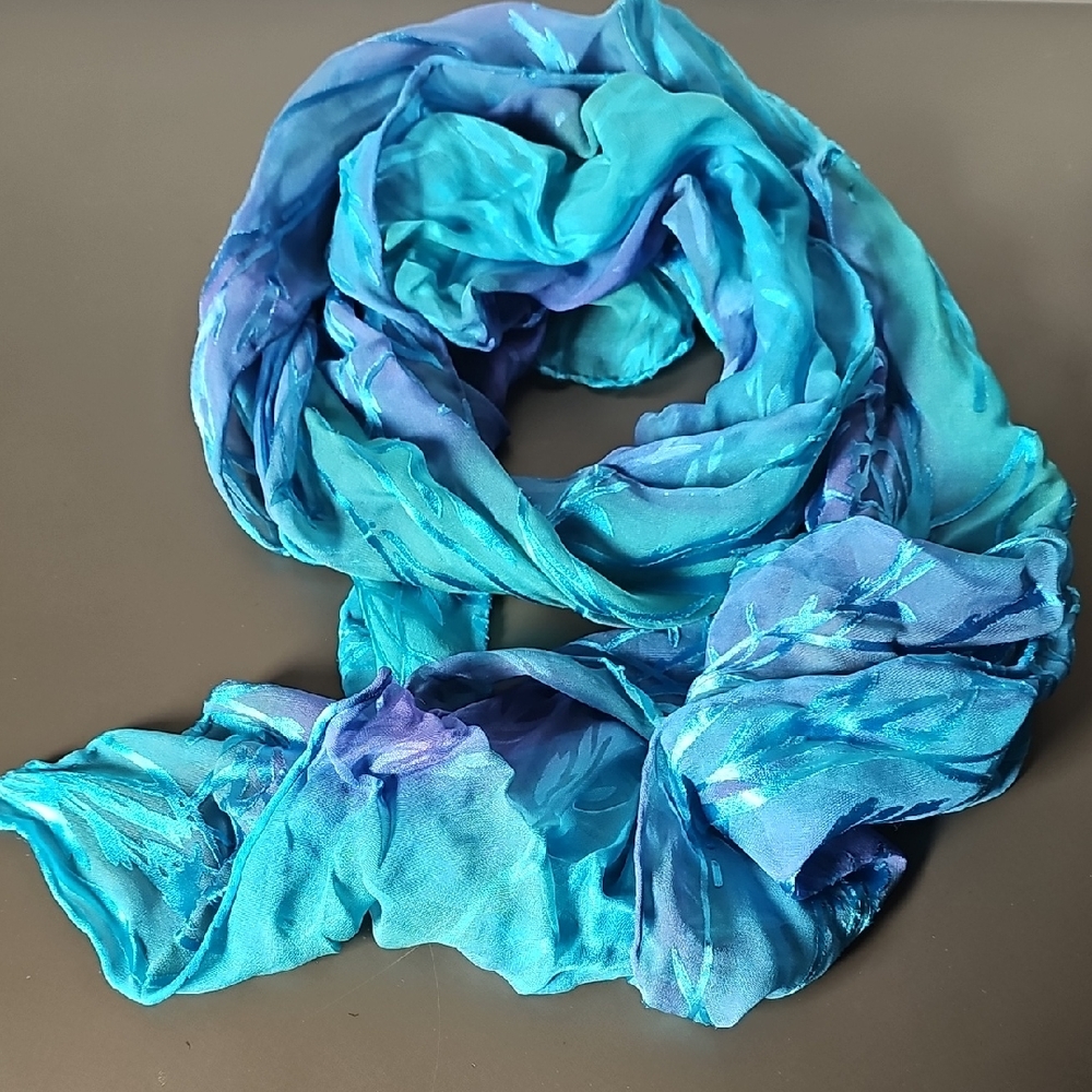EUC Artisan Hand Painted Blue Teal Purple 100% Silk Scarf 68x14